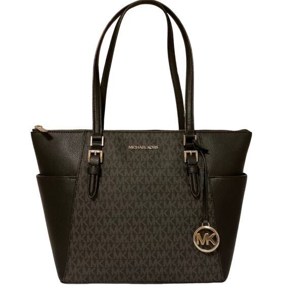Michael Kors Charlotte Large Tote Gray Monogram and Black Leather - Picture 1 of 13